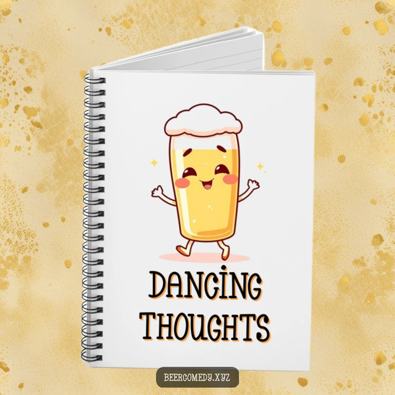 Funny giggling lager glass notebook, illustrated in a shuffling pose, ideal for notes and journaling.