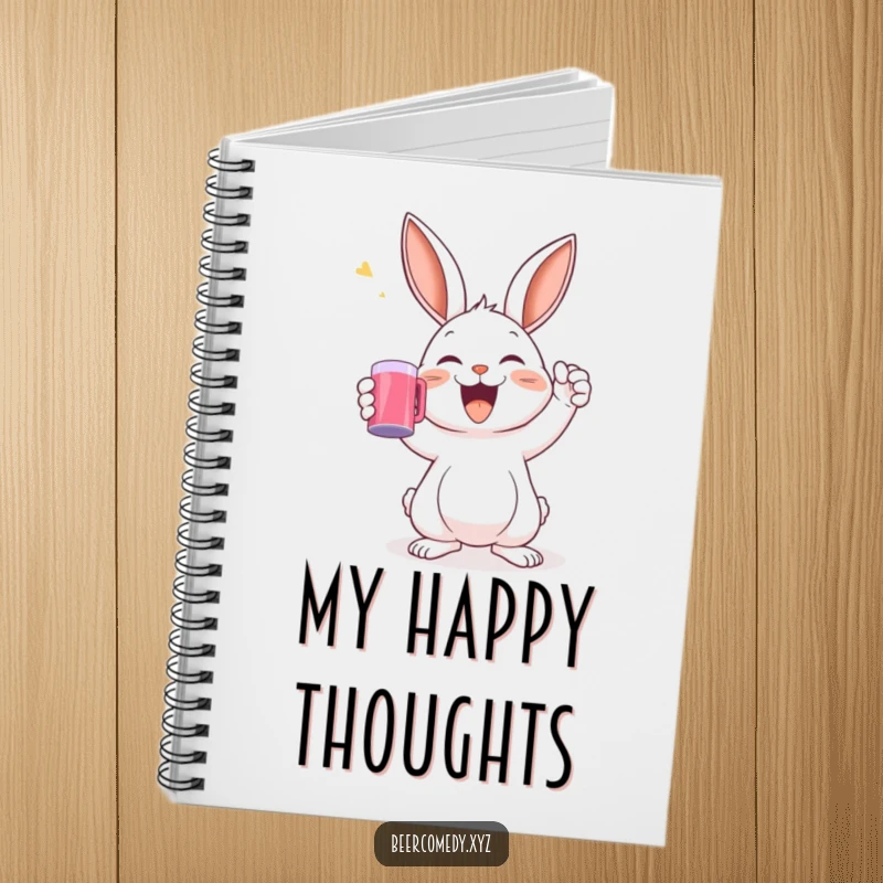 A delighted rabbit raising a mug in a toast is on the cover of a notebook, inspiring cheerful note-taking.
