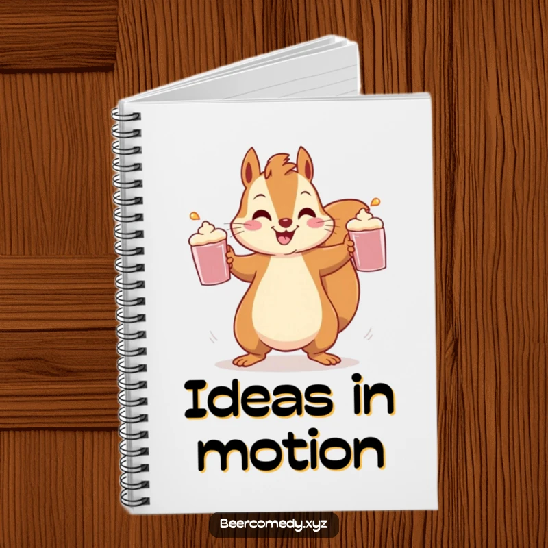 Funny squirrel juggling three frothy mugs on the cover of a notebook, inspiring speedy note-taking.