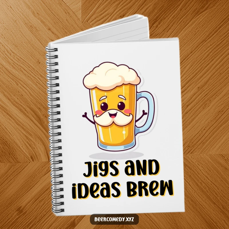 Funny beer mug doing a jig with a smiling foam mustache, on the cover of a notebook, inspiring creative and humorous writing.
