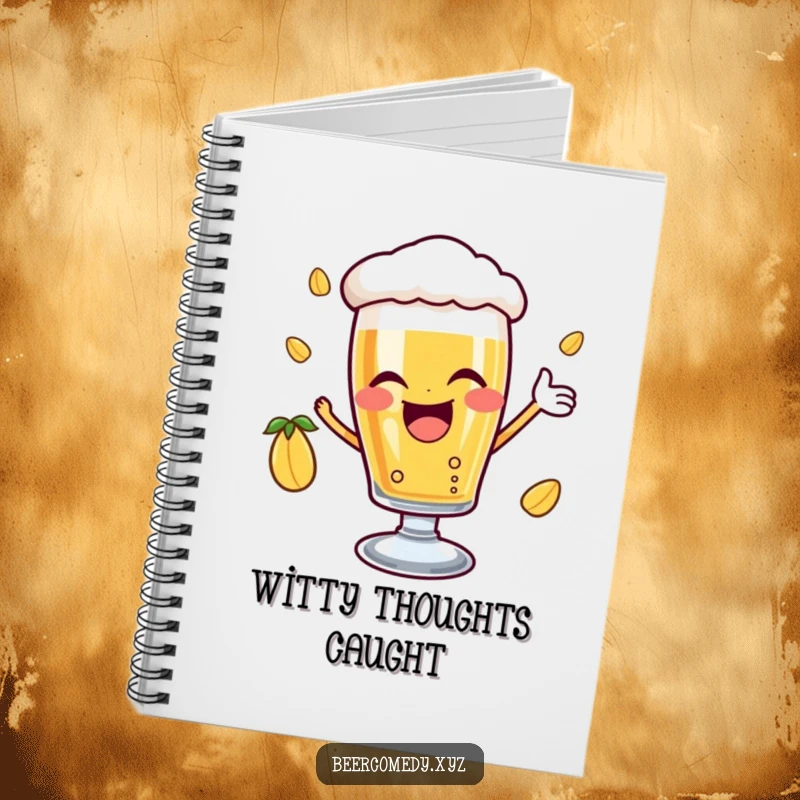 Funny delighted beer glass with a joyful wink catching a falling hop, on the cover of a notebook, inspiring creative writing and cheerful observations.