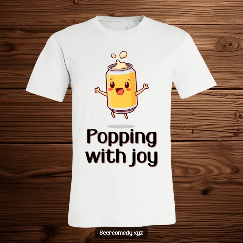 Funny playful beer can with a popping lid doing a cartwheel, printed on a t-shirt, representing spontaneous celebration and uninhibited enthusiasm.