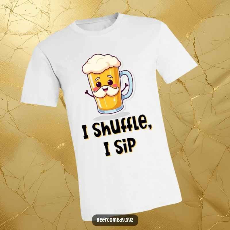Funny beer mug doing a jig with a smiling foam mustache, printed on a t-shirt, exuding pure, unadulterated beer joy.