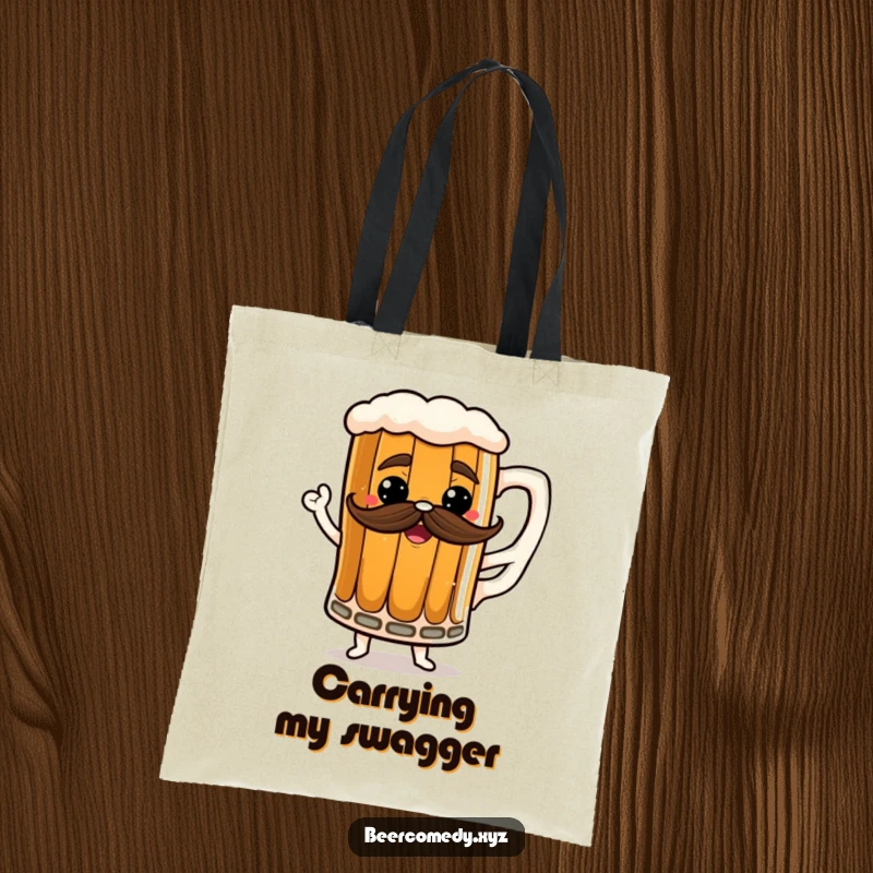 Funny stout mug tote bag with a frothy mustache, depicted in a dancing motion, great for shopping.