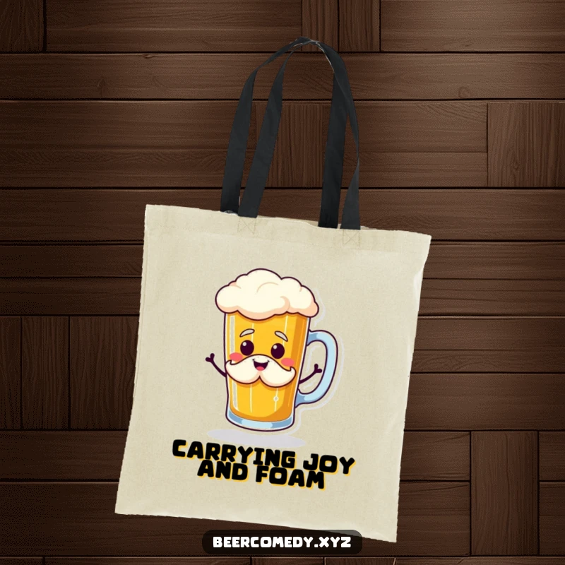 Funny beer mug doing a jig with a smiling foam mustache, printed on a durable tote bag, ideal for carrying humor and groceries.
