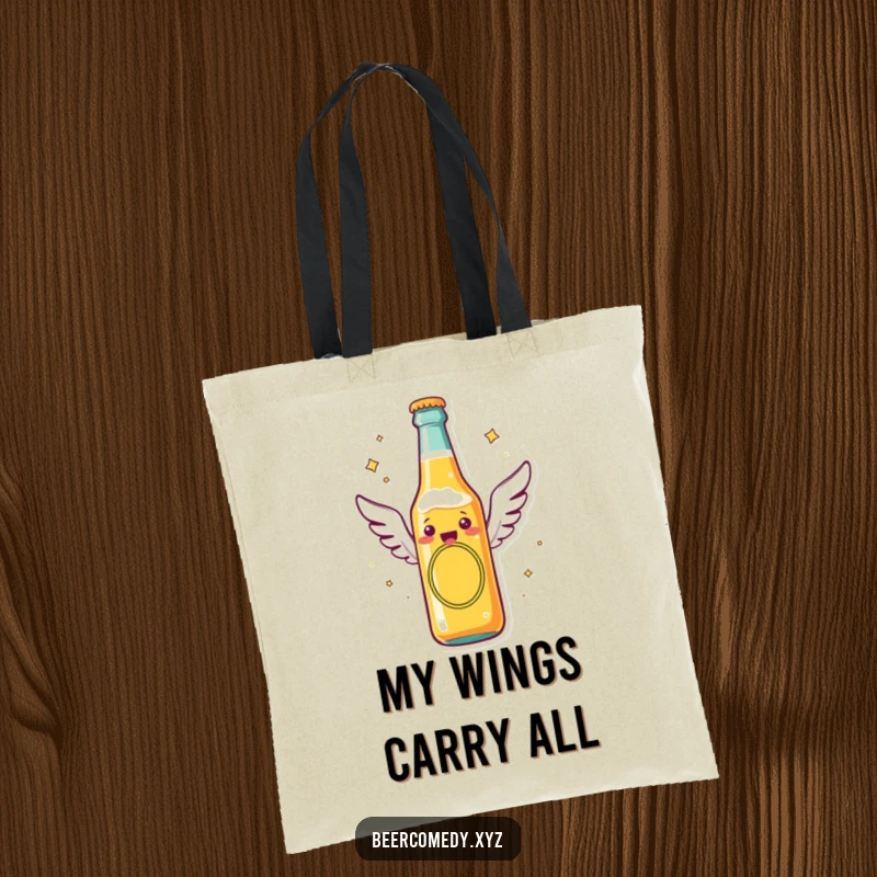 Funny beer bottle with tiny flying wings soaring through the air, printed on a tote bag, ready for errands and lighthearted journeys.