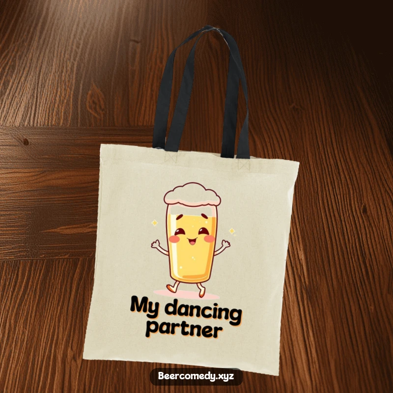 Funny giggling lager glass tote bag doing a little shuffle, perfect for shopping and daily errands.