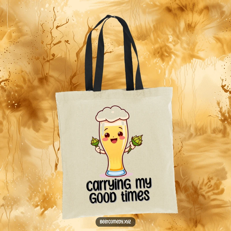 Funny ale glass tote bag with a smiling foamy head and hops cone, ideal for shopping and daily use.