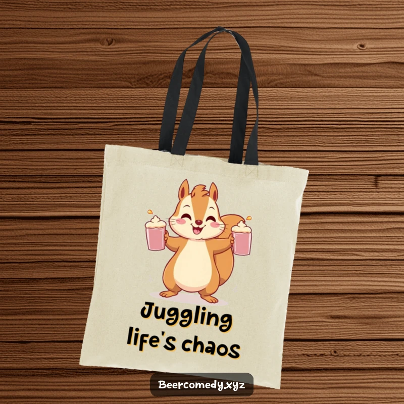 Funny squirrel, a master juggler of three frothy mugs, featured on a stylish and practical tote bag.