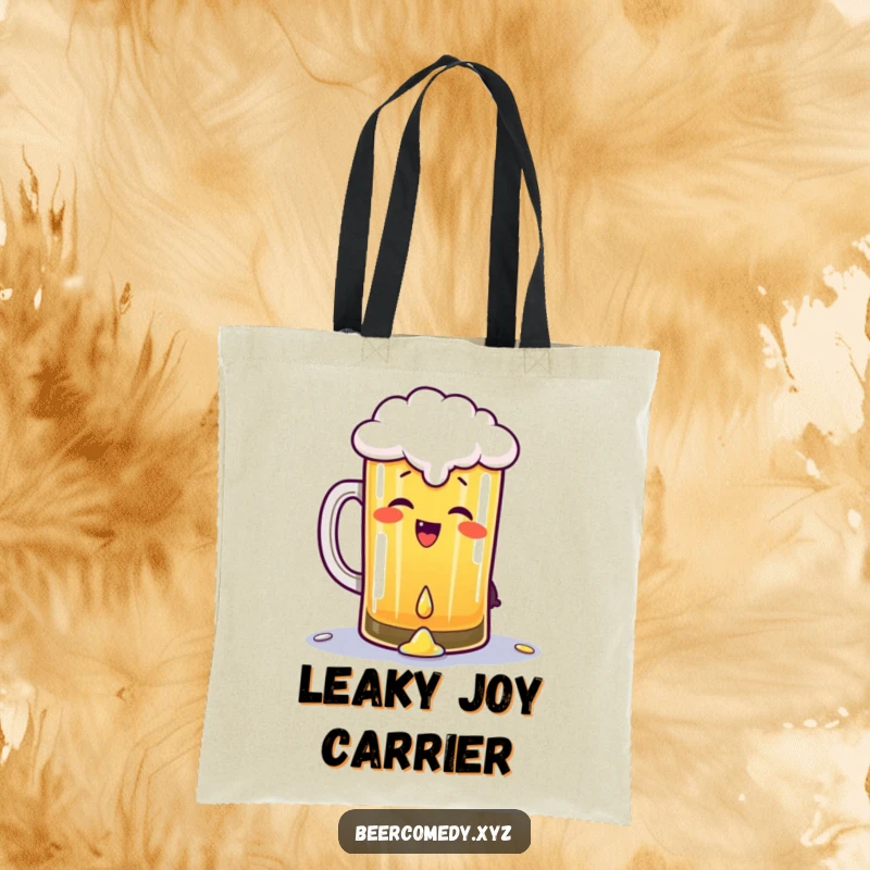 Funny pint of beer giggling and gleefully spilling a drop, printed on a tote bag, ideal for carrying essentials and spreading lightheartedness.